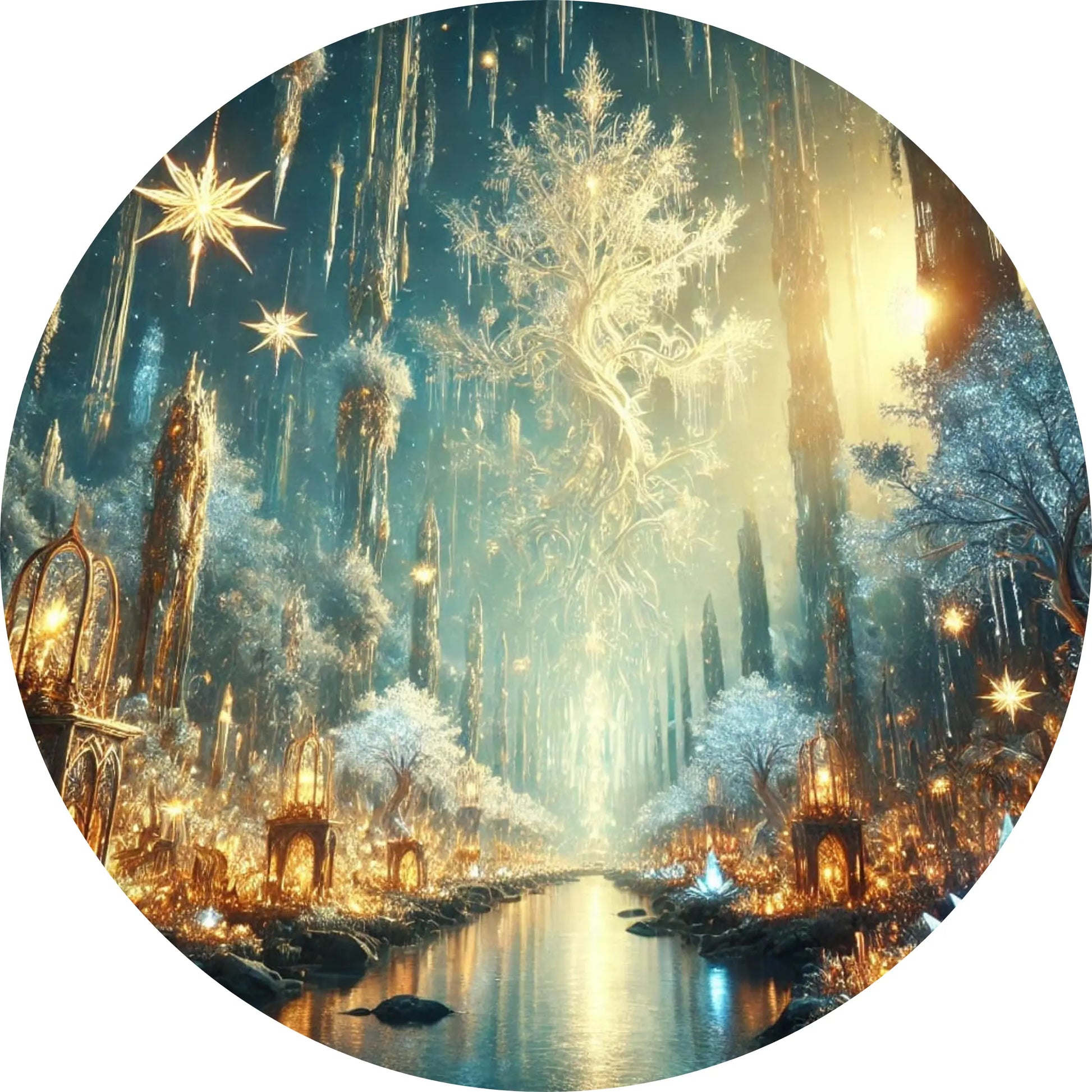 Magische Winterstadt mit leuchtenden Sternen am Himmel, glitzernden Gebäuden, funkelnden Brücken und warmem Licht, das sich im Wasser spiegelt.