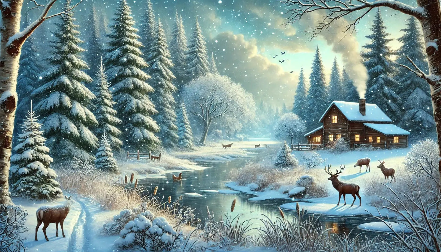 Magische Winterlandschaft mit Tieren und Tannen und einem Haus