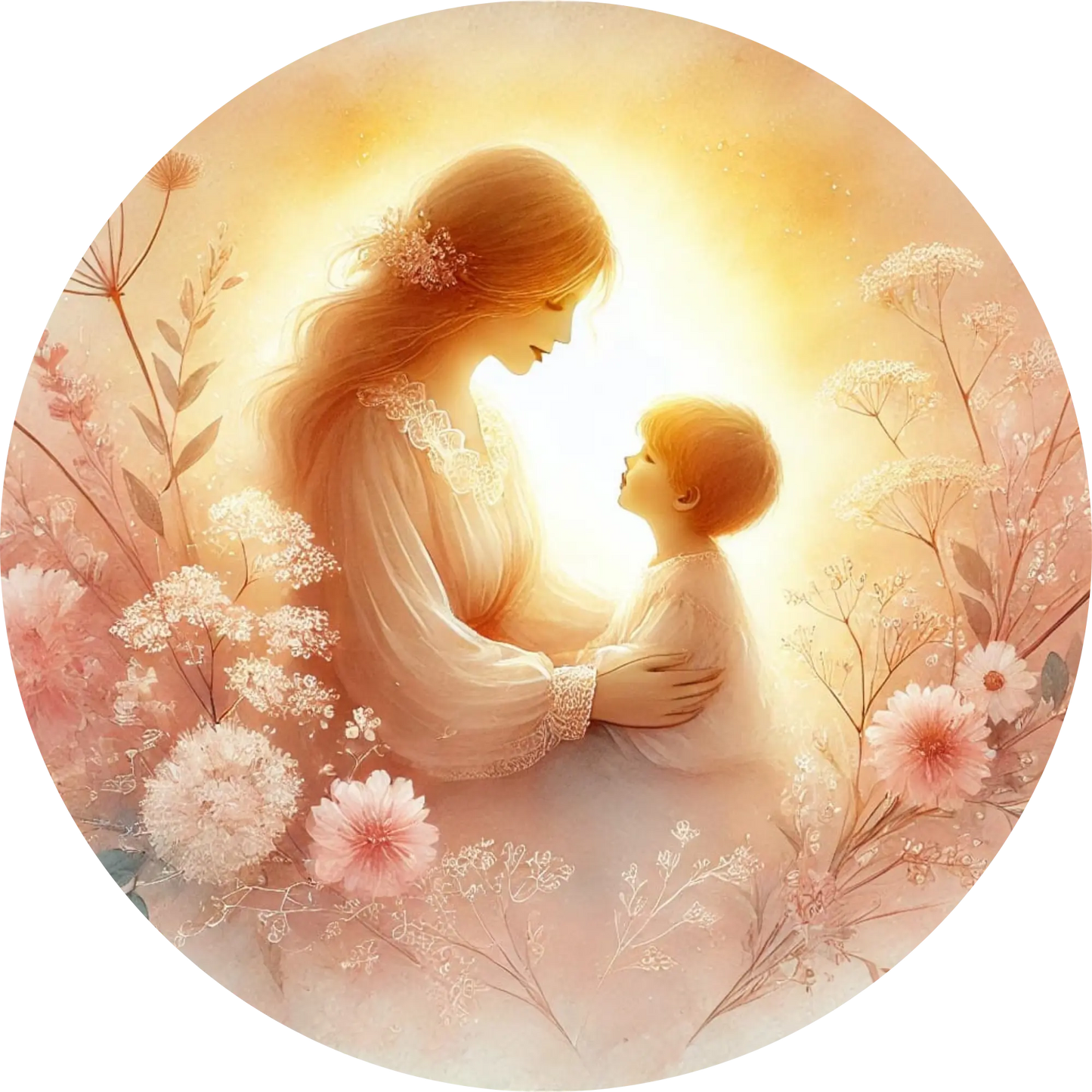 Goldenes Licht umhüllt Mutter mit Baby auf dem Arm – traumhafte Atmosphäre.