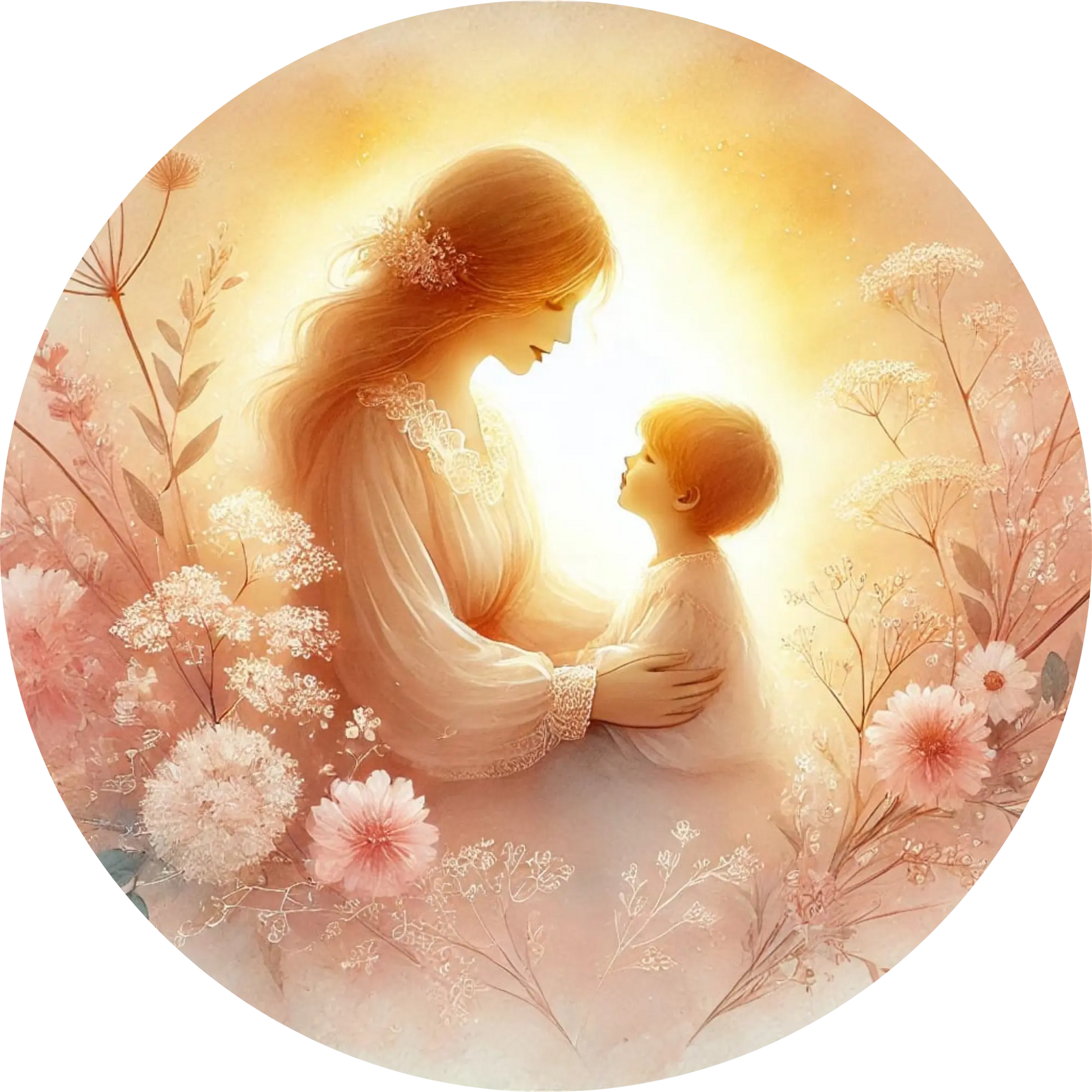 Goldenes Licht umhüllt Mutter mit Baby auf dem Arm – traumhafte Atmosphäre.