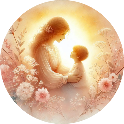 Goldenes Licht umhüllt Mutter mit Baby auf dem Arm – traumhafte Atmosphäre.