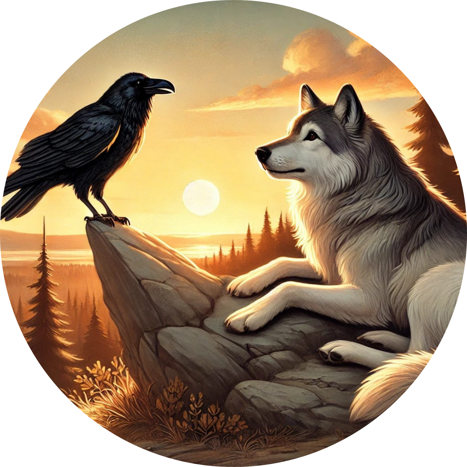 Rabe und Wolf im Gespräch bei Abenddämmerung