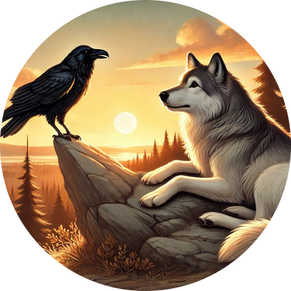 Rabe und Wolf im Gespräch bei Abenddämmerung