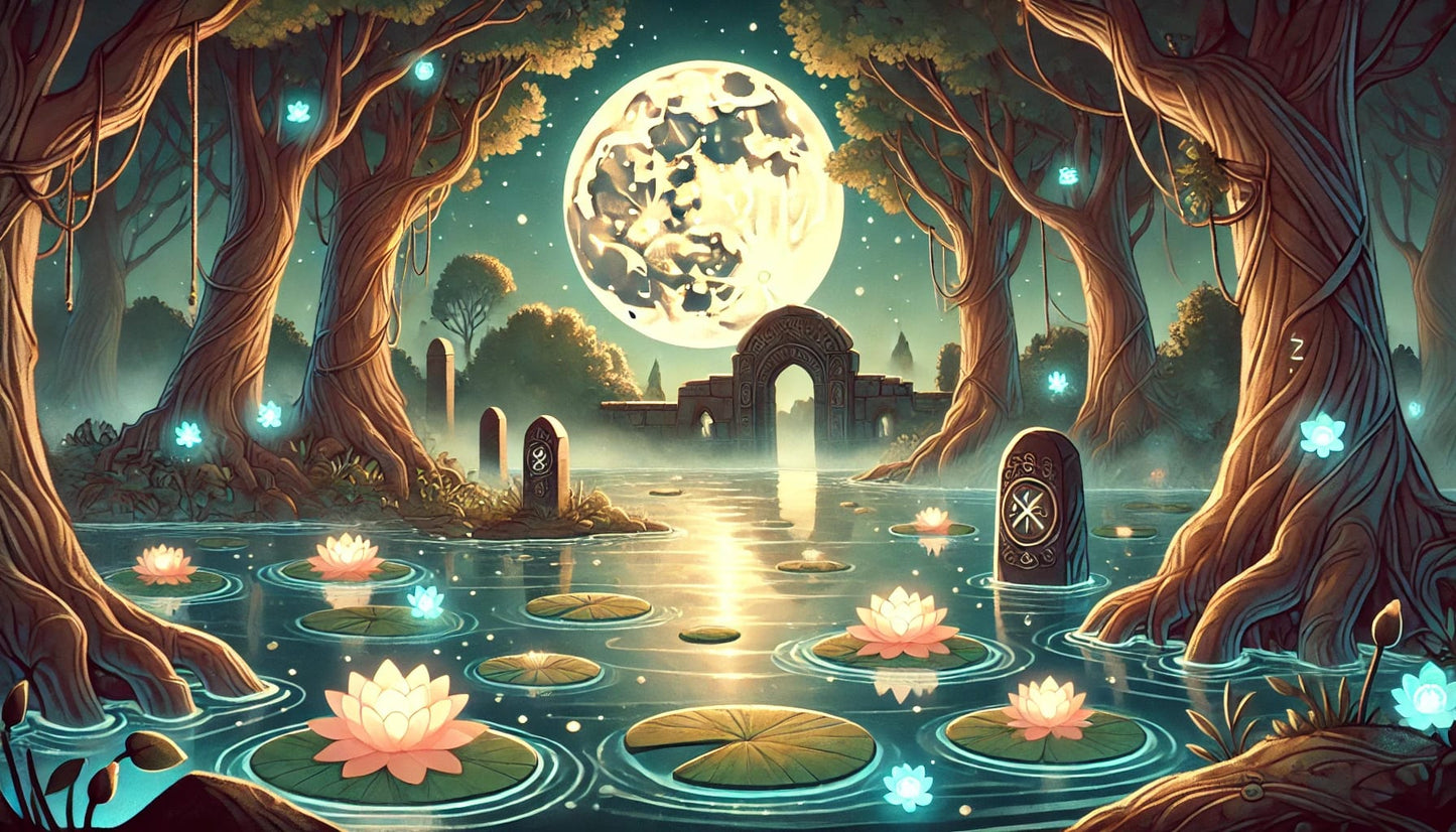 Mondbeschienener Zauberwald mit mystischen Steinkreisen und schimmernden Lotusblüten.