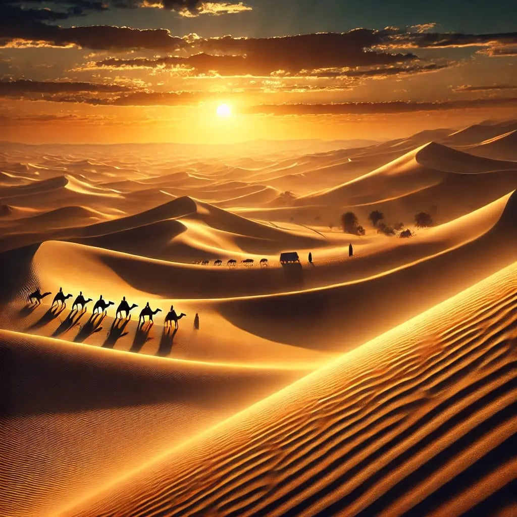 Wüste im Hintergrund sind Kamele und Menschen zu sehen bei Sonnenuntergang