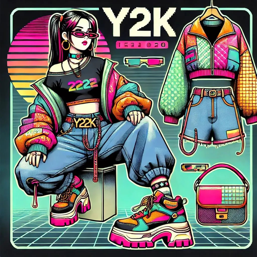 Streetstyle-Mädchen mit Y2K-Schriftzug – Girl in urbaner Kleidung mit Retro-Grafikelementen und „Y2K“-Spruch.