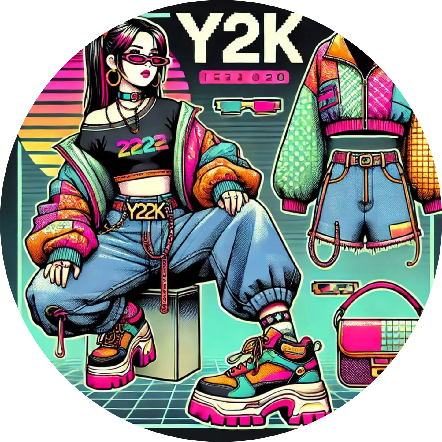 Y2K-Outfit mit 2000er-Vibes: Mädchen mit Retrolook, buntem Style und Accessoires.
