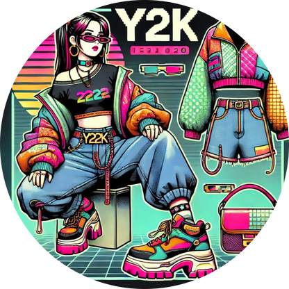 Y2K-Outfit mit 2000er-Vibes: Mädchen mit Retrolook, buntem Style und Accessoires.
