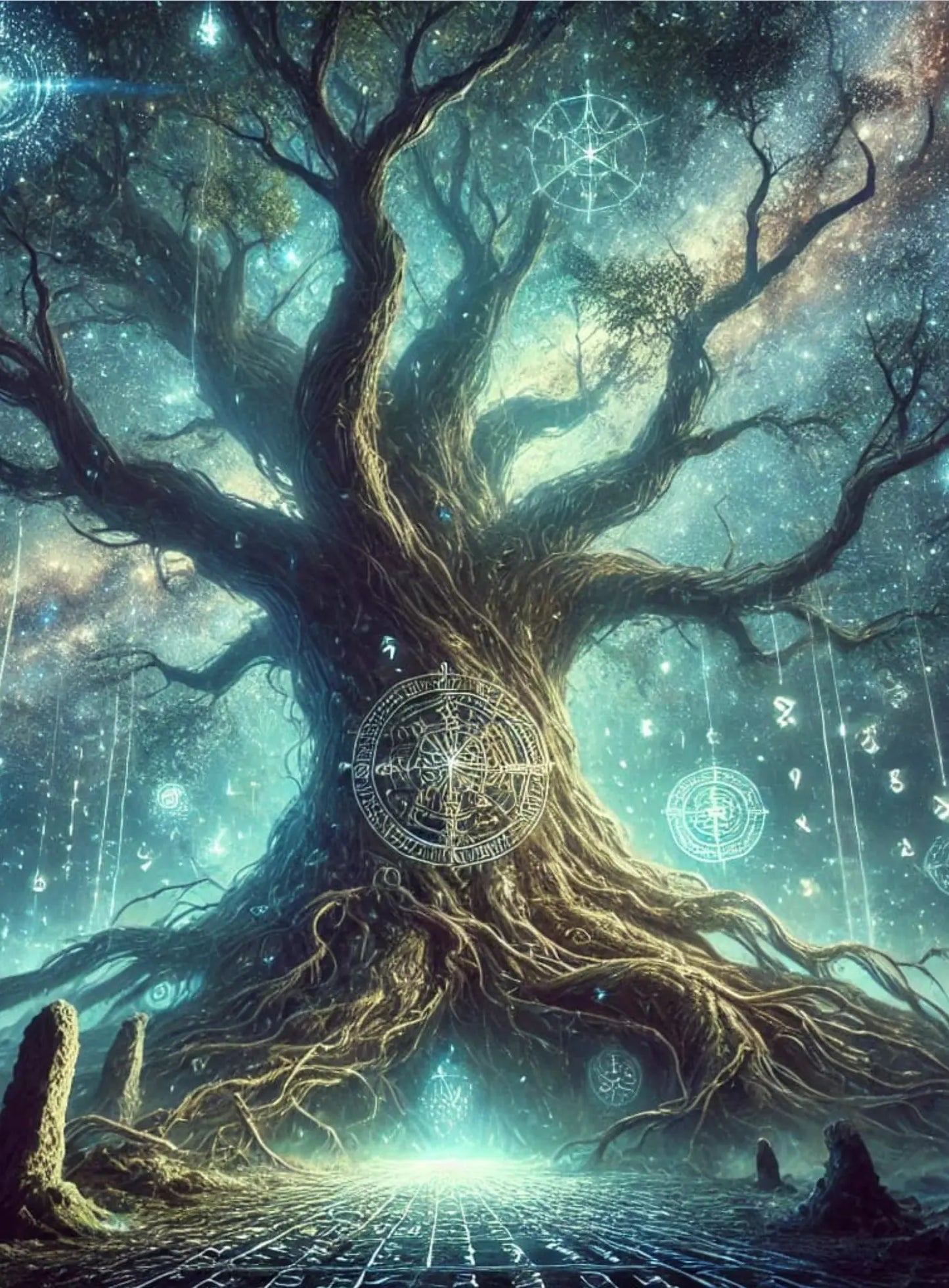 Der magische Weltenbaum Yggdrasil mit leuchtenden Wurzeln und Ästen – zentrales Symbol der nordischen Mythologie.