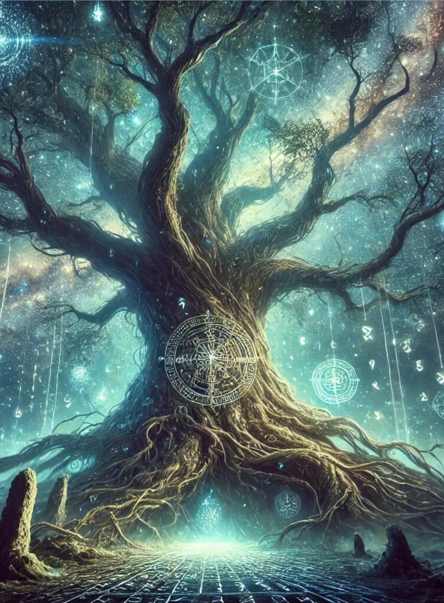 Der magische Weltenbaum Yggdrasil mit leuchtenden Wurzeln und Ästen – zentrales Symbol der nordischen Mythologie.