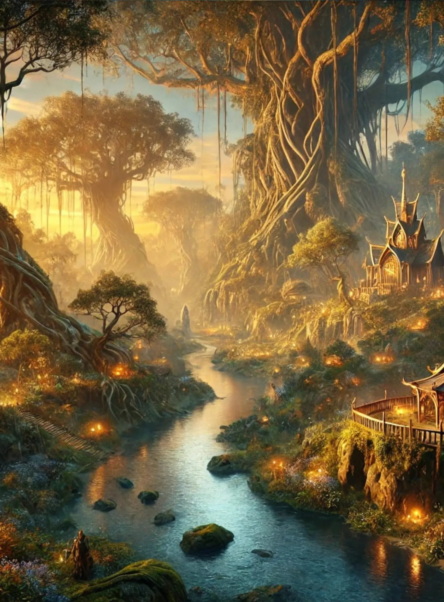 Eine Darstellung von Yggdrasil im goldenen Licht und einer friedlichen, mystischen Landschaft