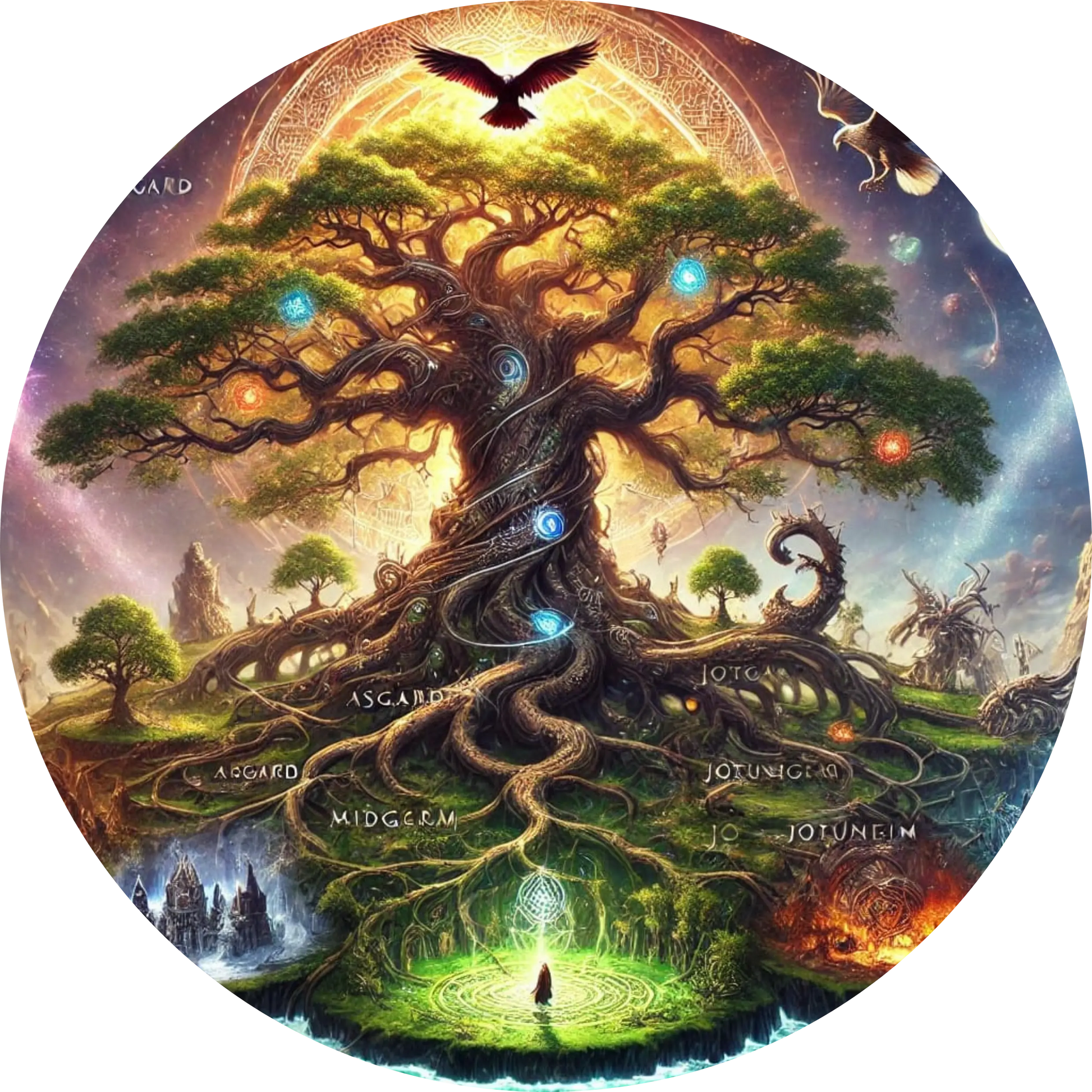Yggdrasil, der Weltenbaum – Symbol der nordischen Kosmologie mit Wurzeln und Ästen, die die neun Welten verbinden.