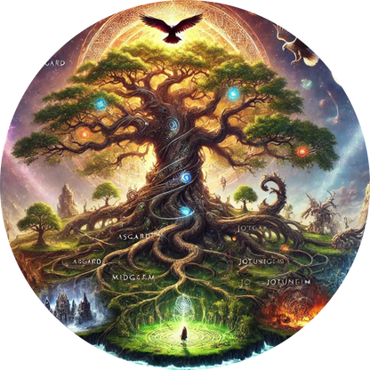 Yggdrasil, der Weltenbaum – Symbol der nordischen Kosmologie mit Wurzeln und Ästen, die die neun Welten verbinden.