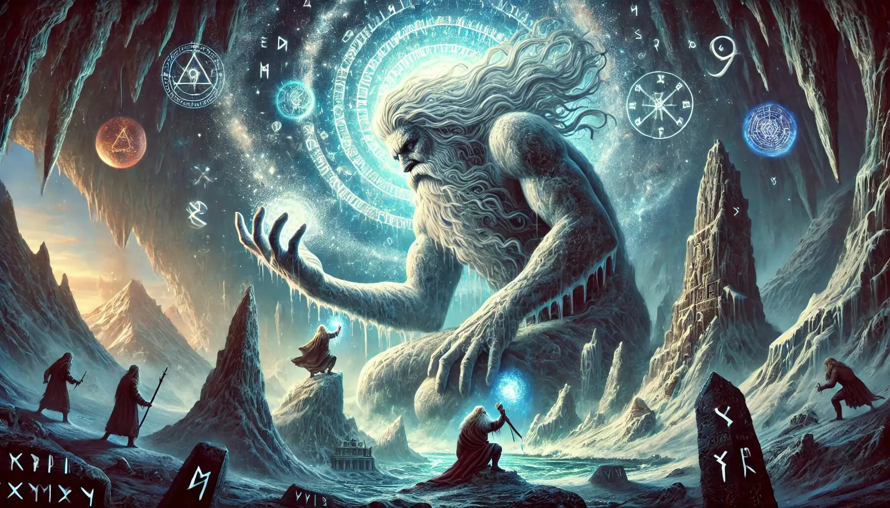 Darstellung des Urriesen Ymir aus der nordischen Mythologie – umgeben von Runen und Magiesymbolen, während Menschen in Ehrfurcht vor ihm stehen.