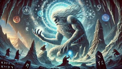 Darstellung des Urriesen Ymir aus der nordischen Mythologie – umgeben von Runen und Magiesymbolen, während Menschen in Ehrfurcht vor ihm stehen.