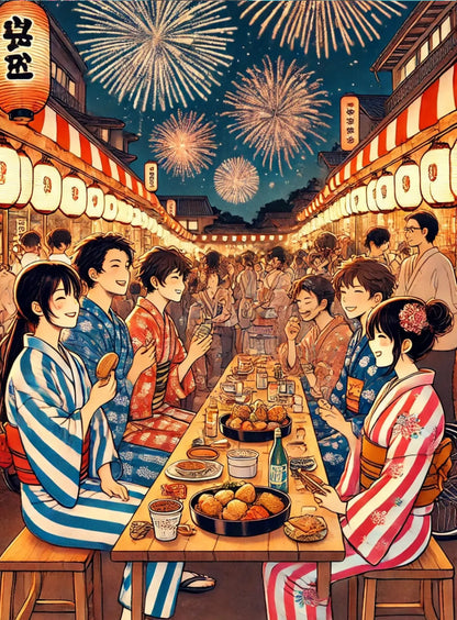 Japanisches Sommerfest im Retro-Stil:
Eine farbenfrohe Szene mit Jugendlichen in Yukatas, die an langen Tischen sitzen und sich unter Laternen unterhalten – inspiriert von klassischen japanischen Sommerfesten.