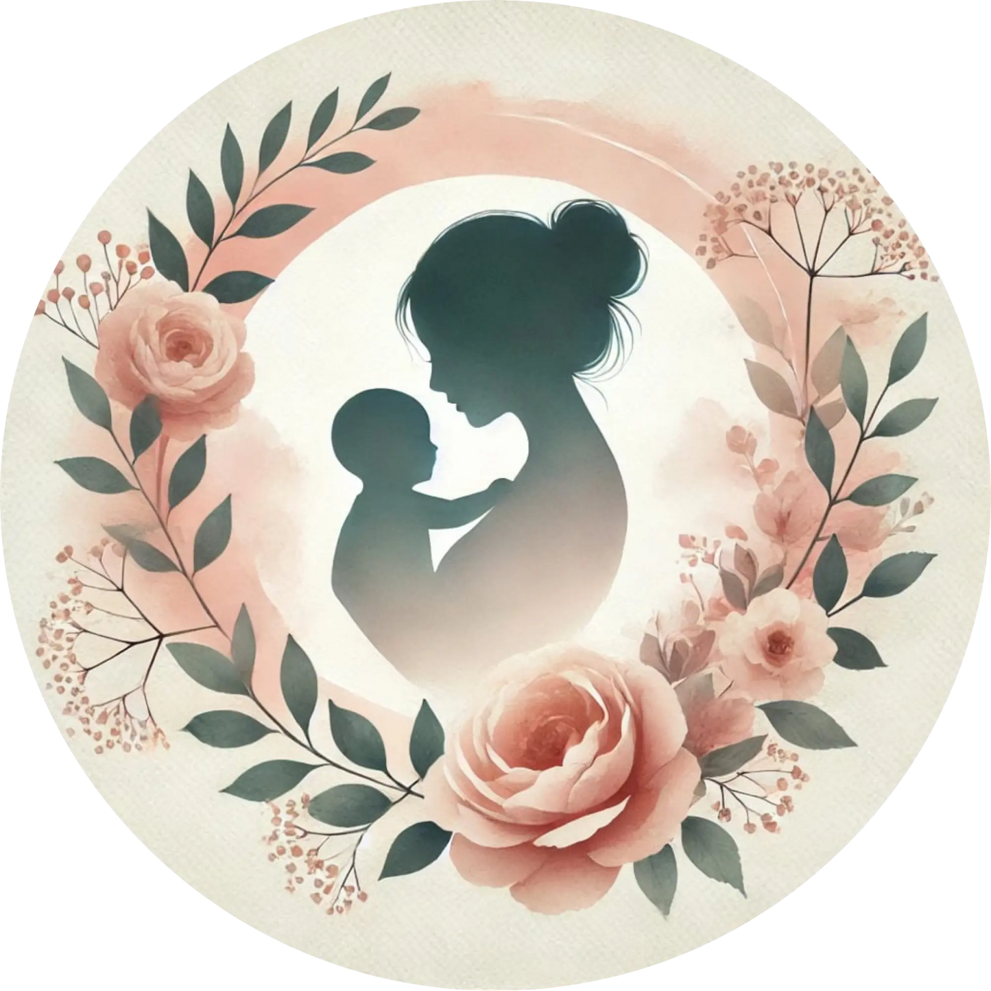 Silhouette einer Mutter mit Baby, umrahmt von Rosen und zartem Grün.