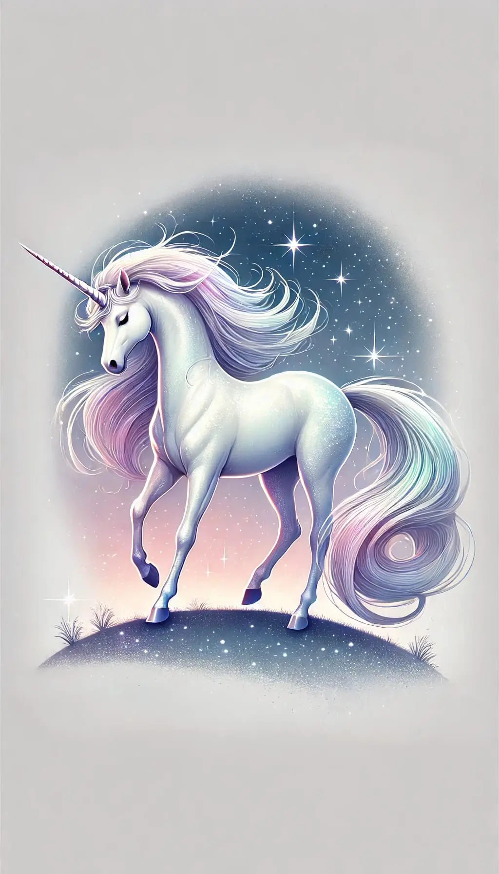 Zartes Einhorn im weißen Nebel – Sanftes weißes Einhorn steht verträumt auf hellem Boden vor einem pastellfarbenen, nebligen Hintergrund.