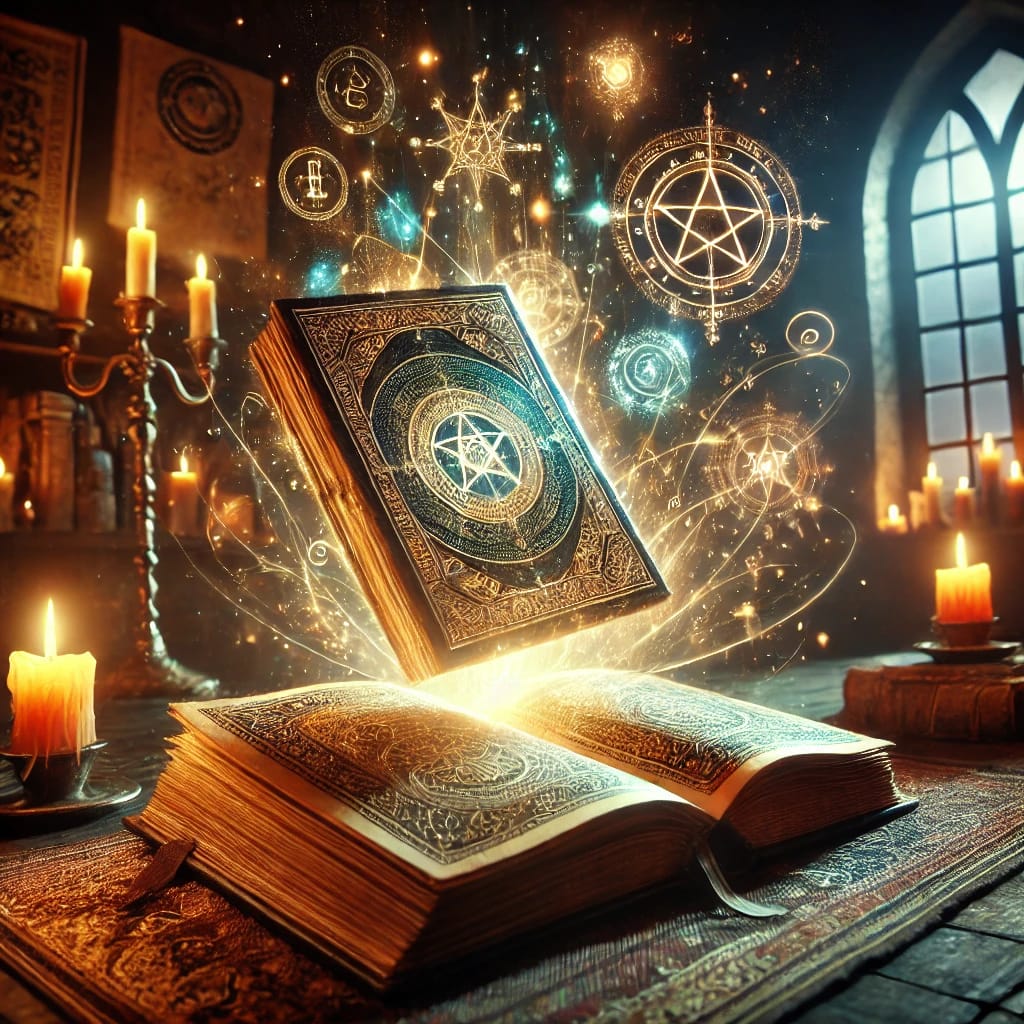 Offene Zauberbücher mit funkelnden Symbolen und Kerzen auf einem mystischen Tisch.