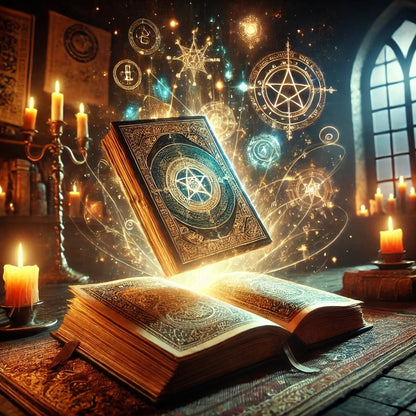 Offene Zauberbücher mit funkelnden Symbolen und Kerzen auf einem mystischen Tisch.
