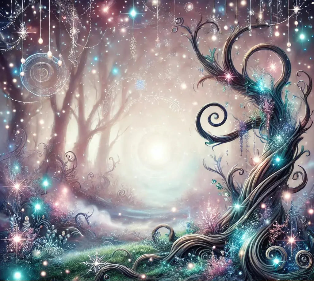 Verträumter Fantasy-Wald mit spiralförmigem Baum, glitzernden Lichtpunkten und einer magischen Lichtquelle in der Ferne.