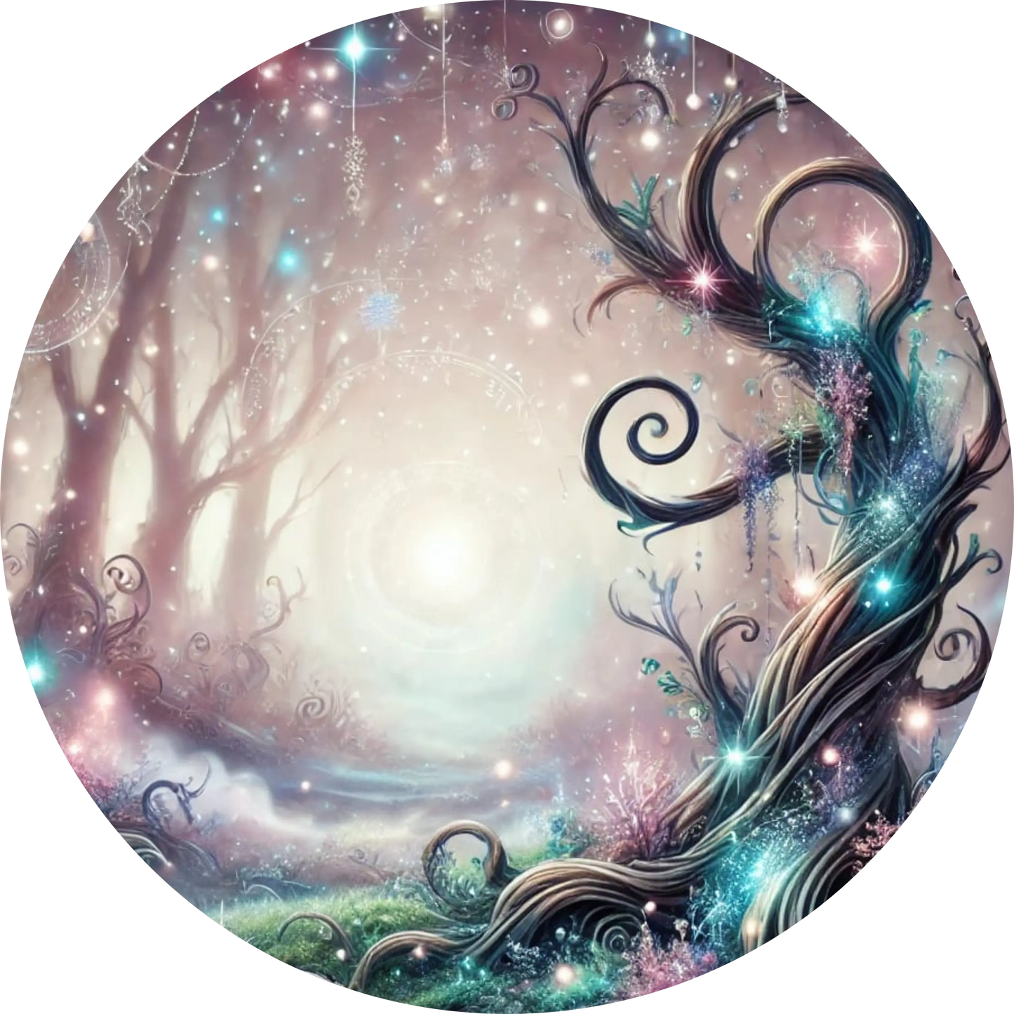 Verwunschener Baum mit geschwungenen Ästen auf zartem Hintergrund in Pastelltönen