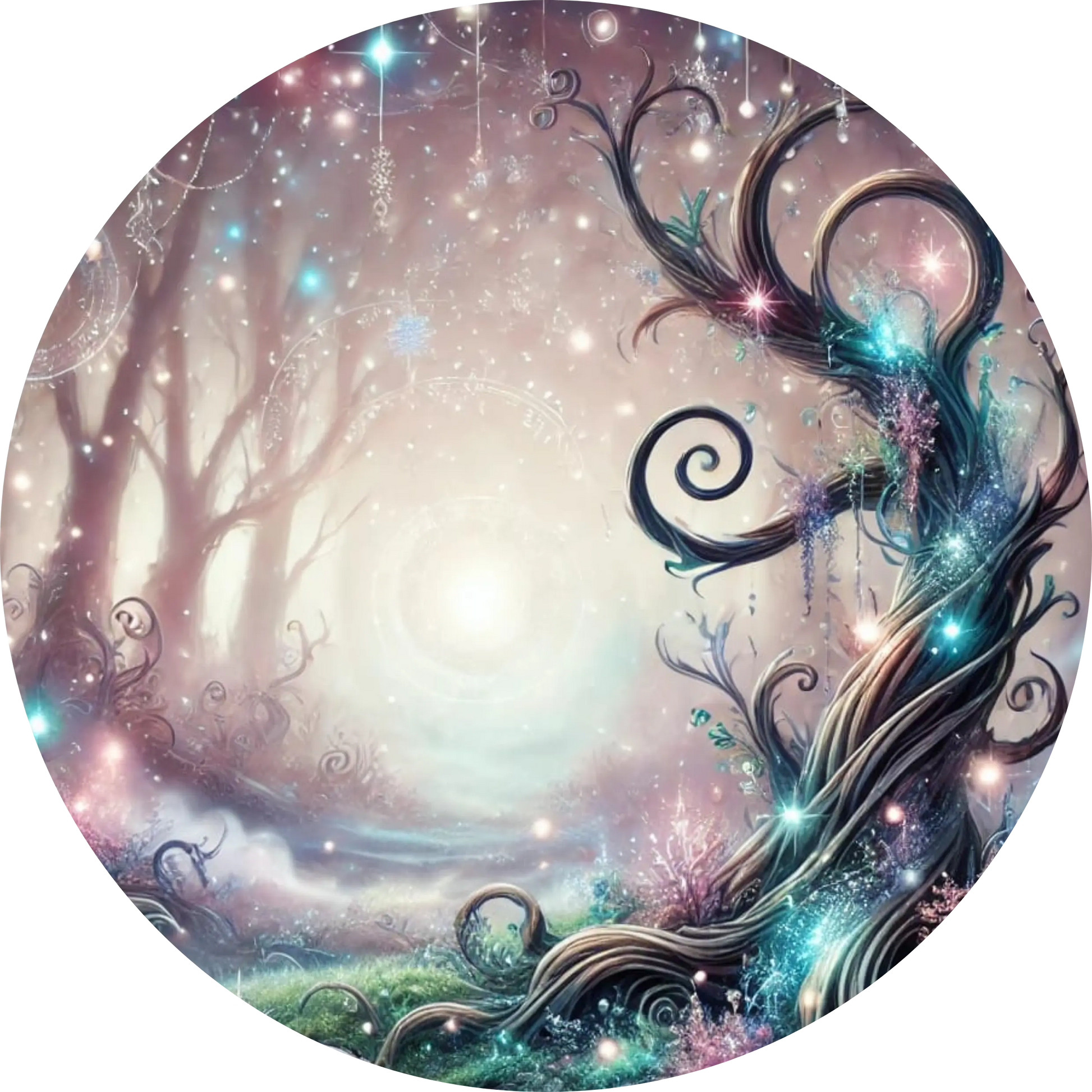 Verwunschener Baum mit geschwungenen Ästen auf zartem Hintergrund in Pastelltönen