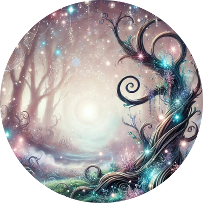 Verwunschener Baum mit geschwungenen Ästen auf zartem Hintergrund in Pastelltönen