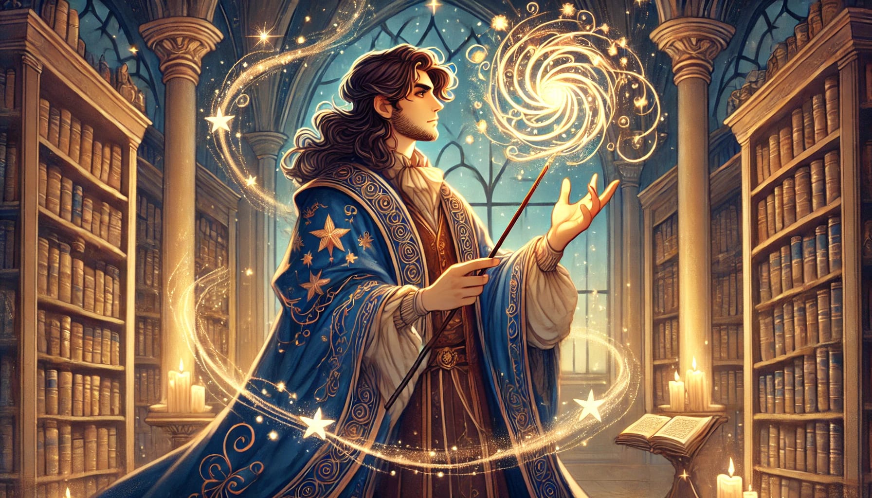 Junge Zaubererfigur in einer magischen Bibliothek, umgeben von leuchtenden Sternen und Büchern.