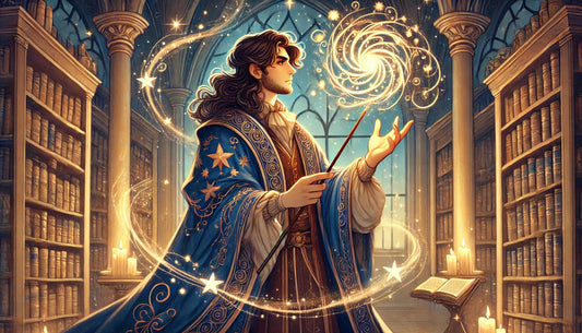 Junge Zaubererfigur in einer magischen Bibliothek, umgeben von leuchtenden Sternen und Büchern.