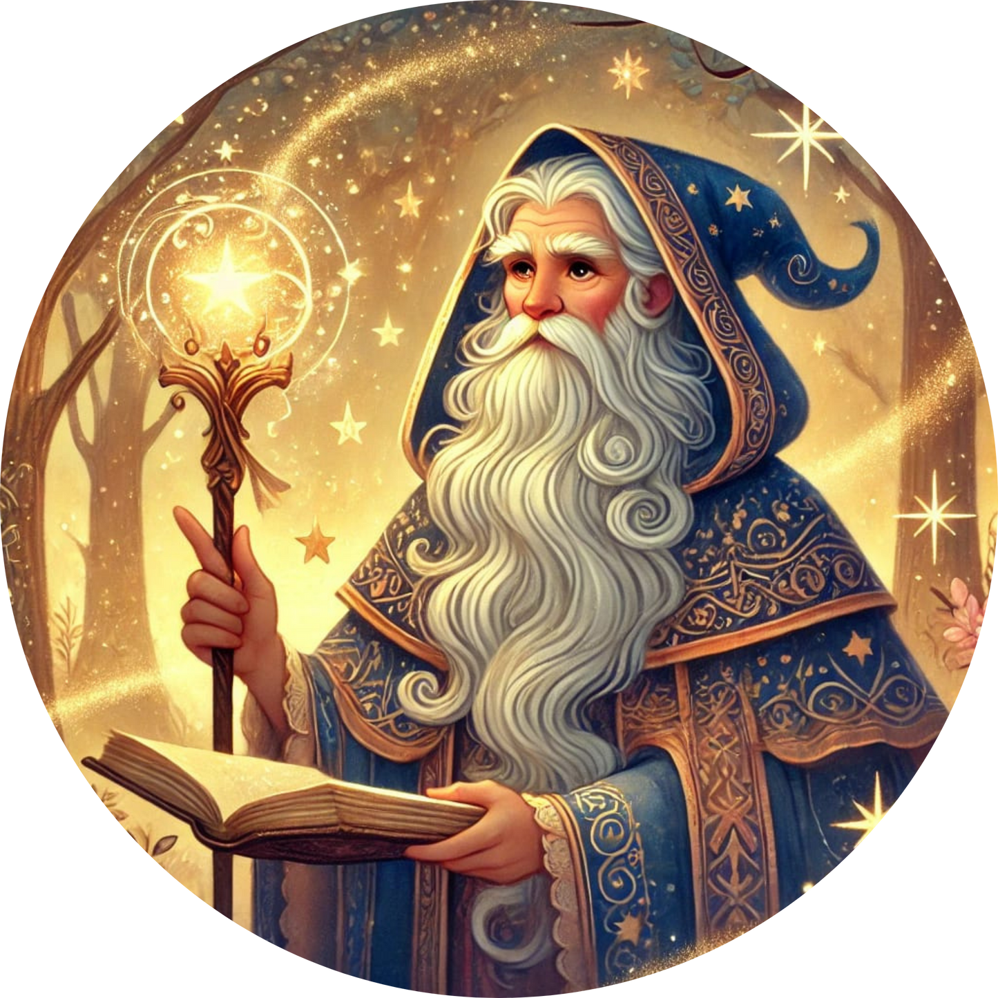 Weiser Zauberer mit Stab und Sternenrobe vor einem funkelnden Märchenhimmel