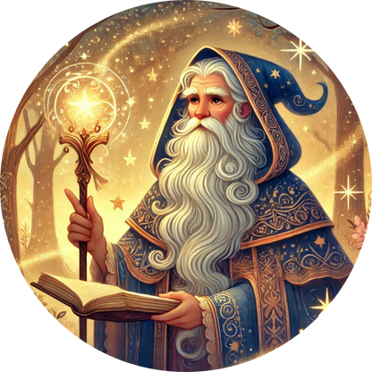 Weiser Zauberer mit Stab und Sternenrobe vor einem funkelnden Märchenhimmel