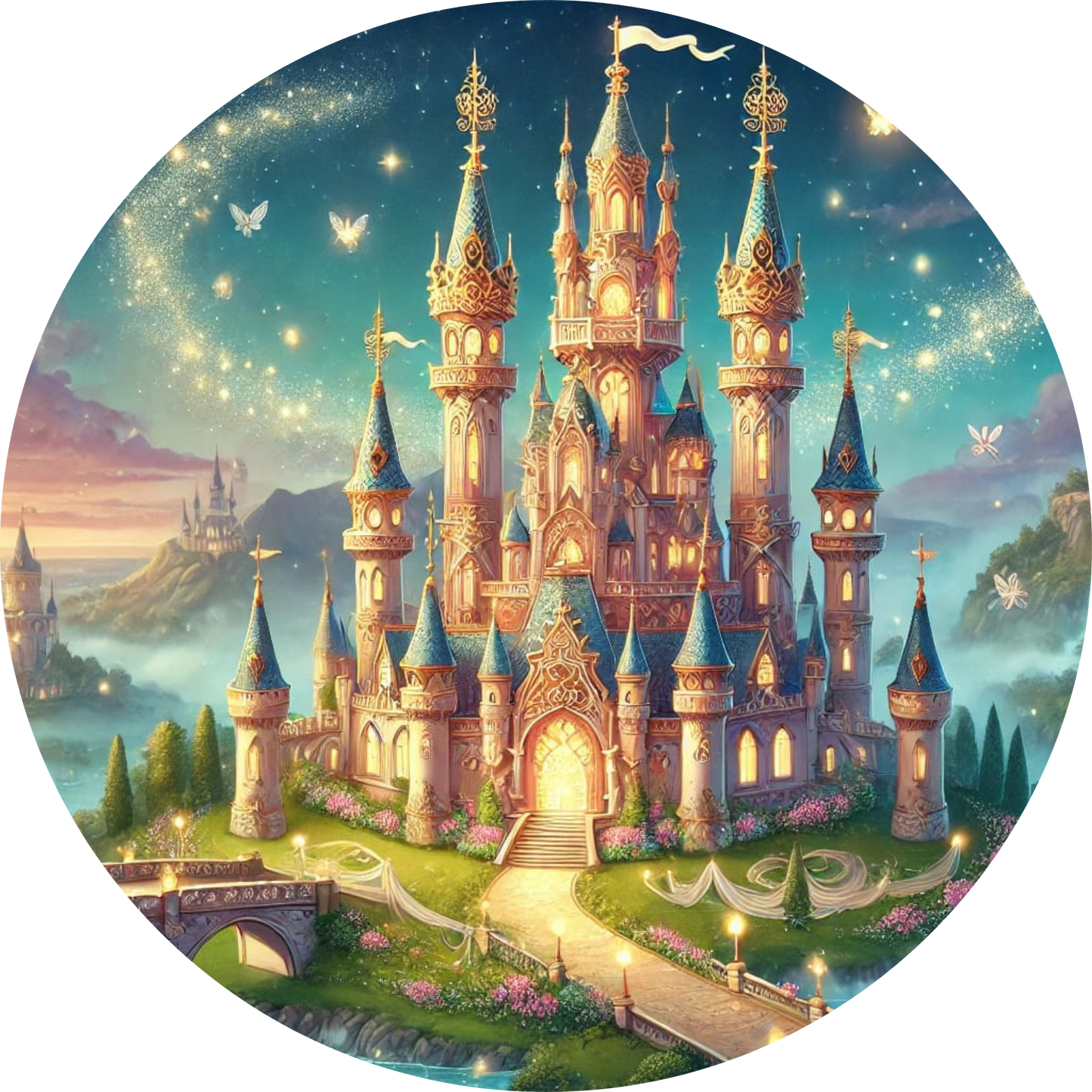 
Märchenschloss bei Nacht mit funkelnden Sternen und magischem Himmel
