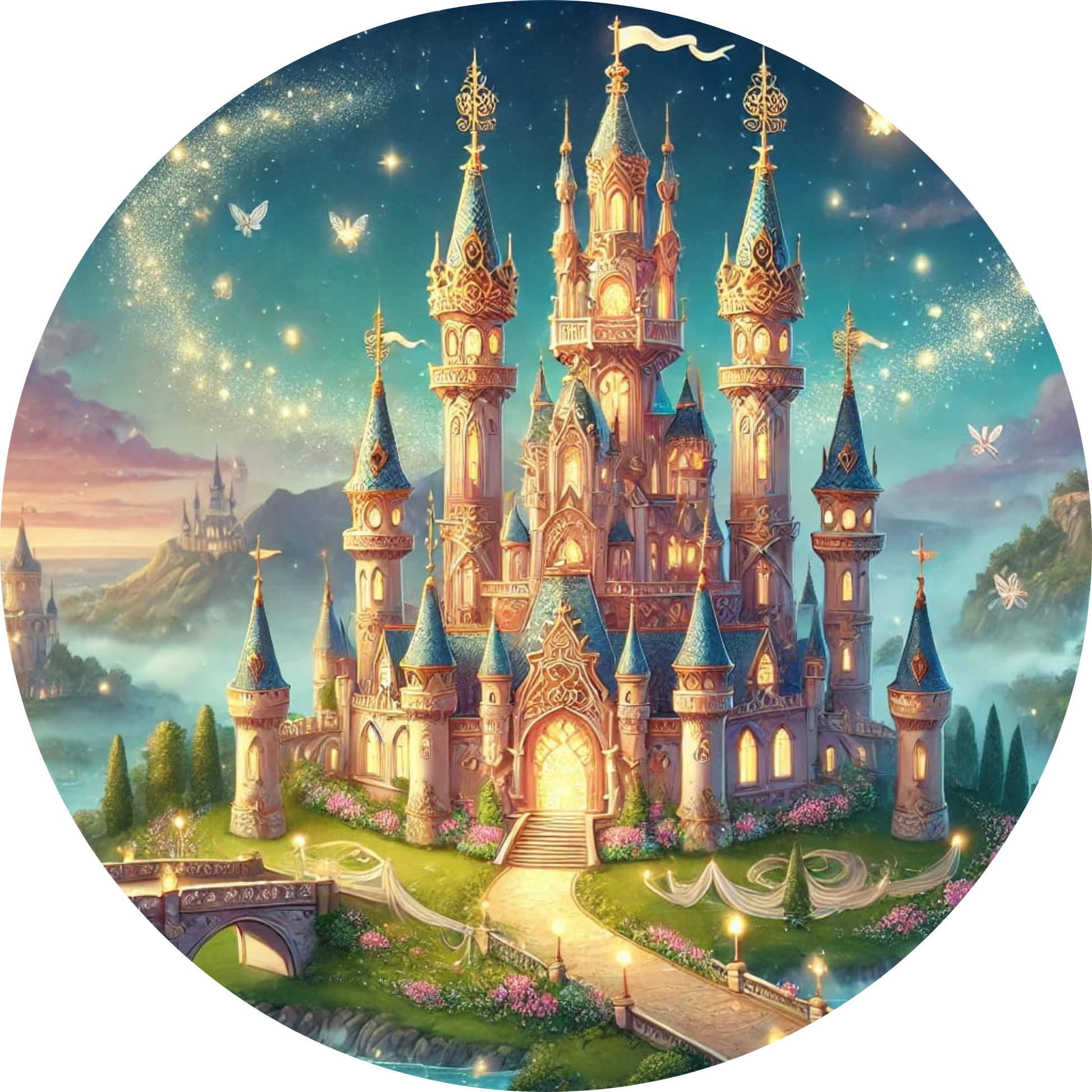 
Märchenschloss bei Nacht mit funkelnden Sternen und magischem Himmel
