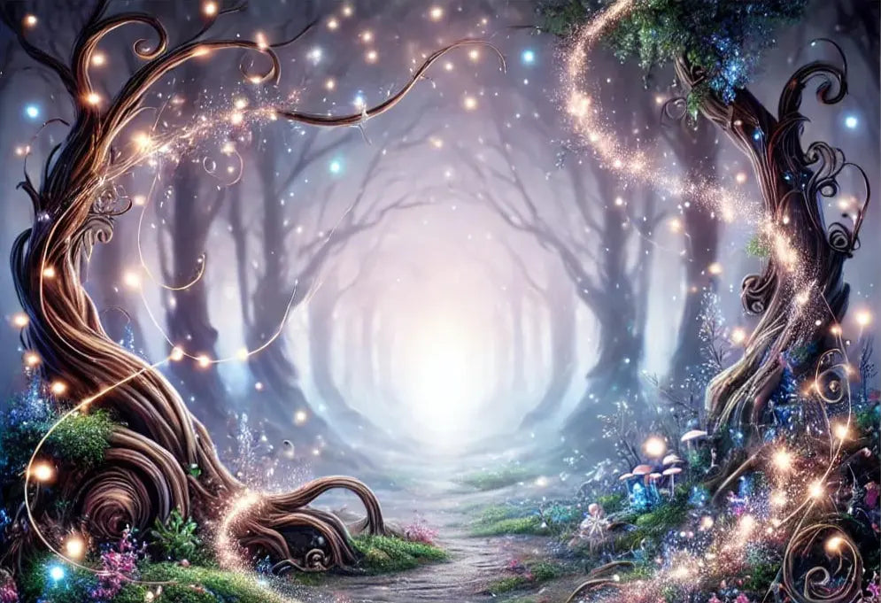 Magischer, leuchtender Pfad durch einen verwunschenen Wald mit funkelnden Lichtpunkten und festlich dekorierter Torte im Vordergrund.