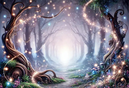 Magischer, leuchtender Pfad durch einen verwunschenen Wald mit funkelnden Lichtpunkten und festlich dekorierter Torte im Vordergrund.