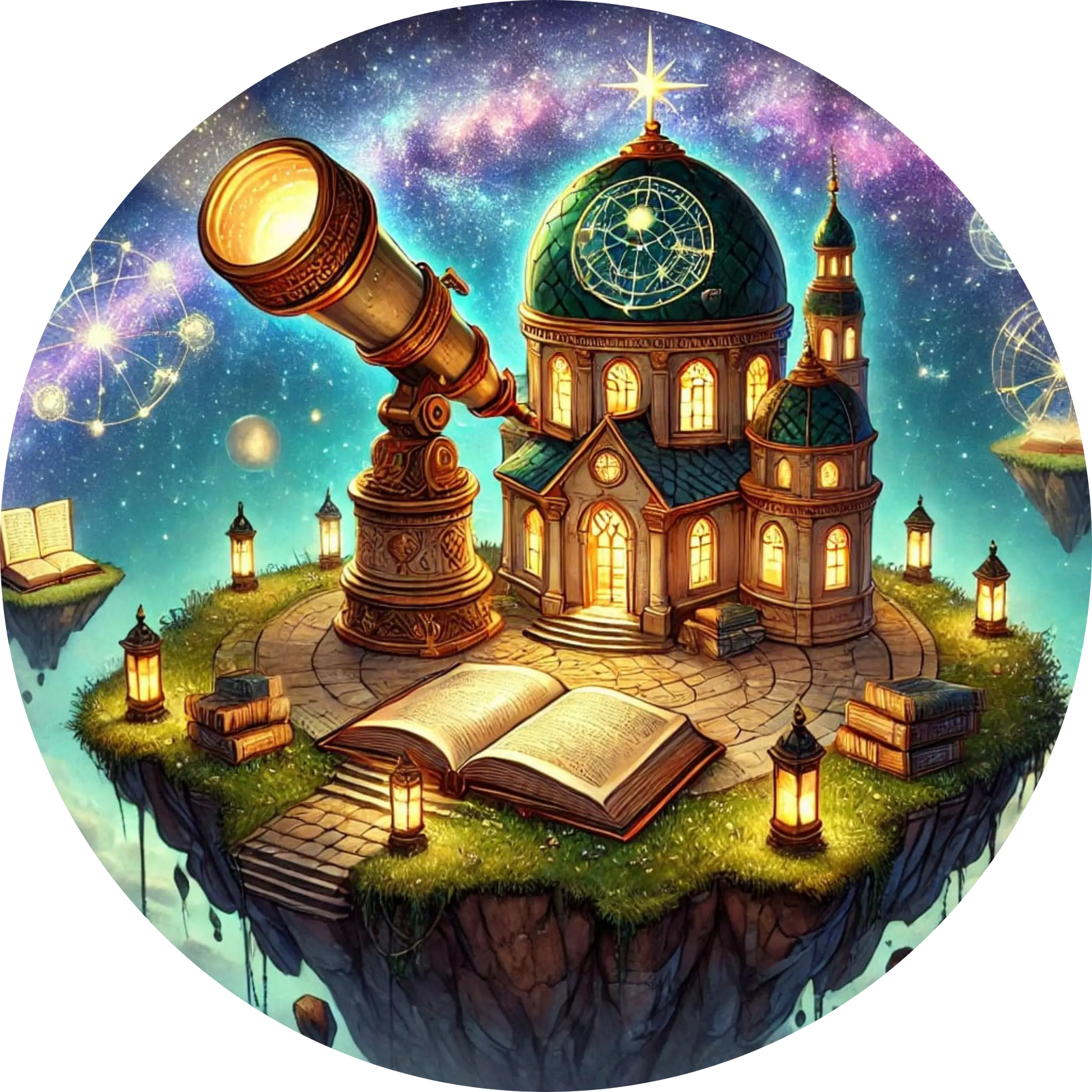 Zauberbuch auf schwebender Insel mit violettem Himmel