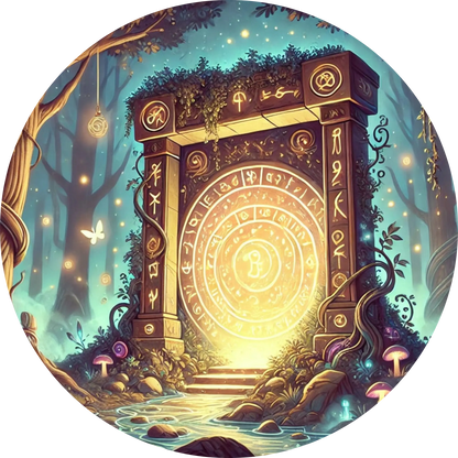 Goldener Zeitreise-Torbogen mit antiken Symbolen in mystischer Lichtszene