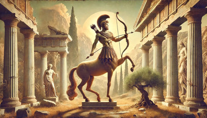 Zentaur (Pferdewesen mit menschlichem Oberkörper) schreitet durch antike Säulenhalle