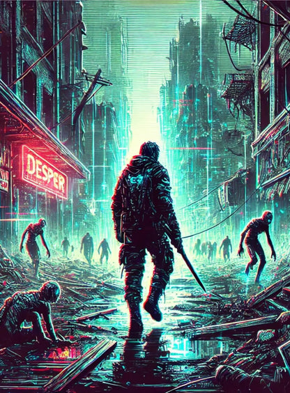 Mystisches Horror-Motiv eines einsamen Mannes in düsterer Stadtlandschaft, im Hintergrund ein bedrohlich leuchtendes Motel – geheimnisvoll und atmosphärisch.