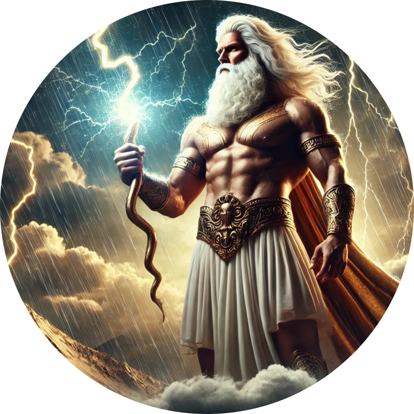 Götterstatue Zeus mit Blitz in der Hand vor dramatischem Himmel