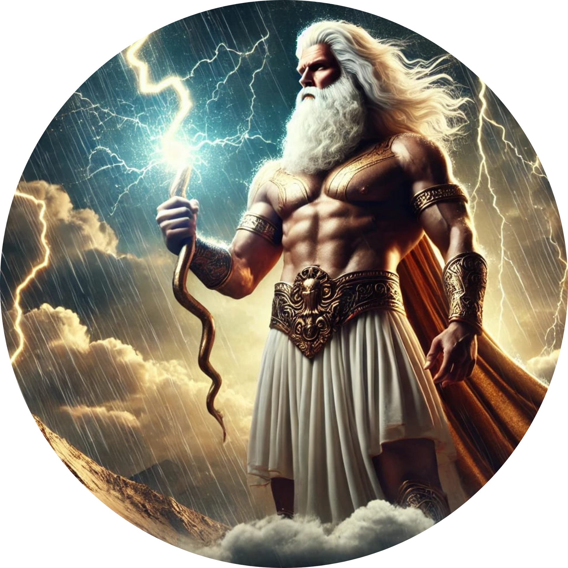 Götterstatue Zeus mit Blitz in der Hand vor dramatischem Himmel