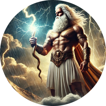 Götterstatue Zeus mit Blitz in der Hand vor dramatischem Himmel