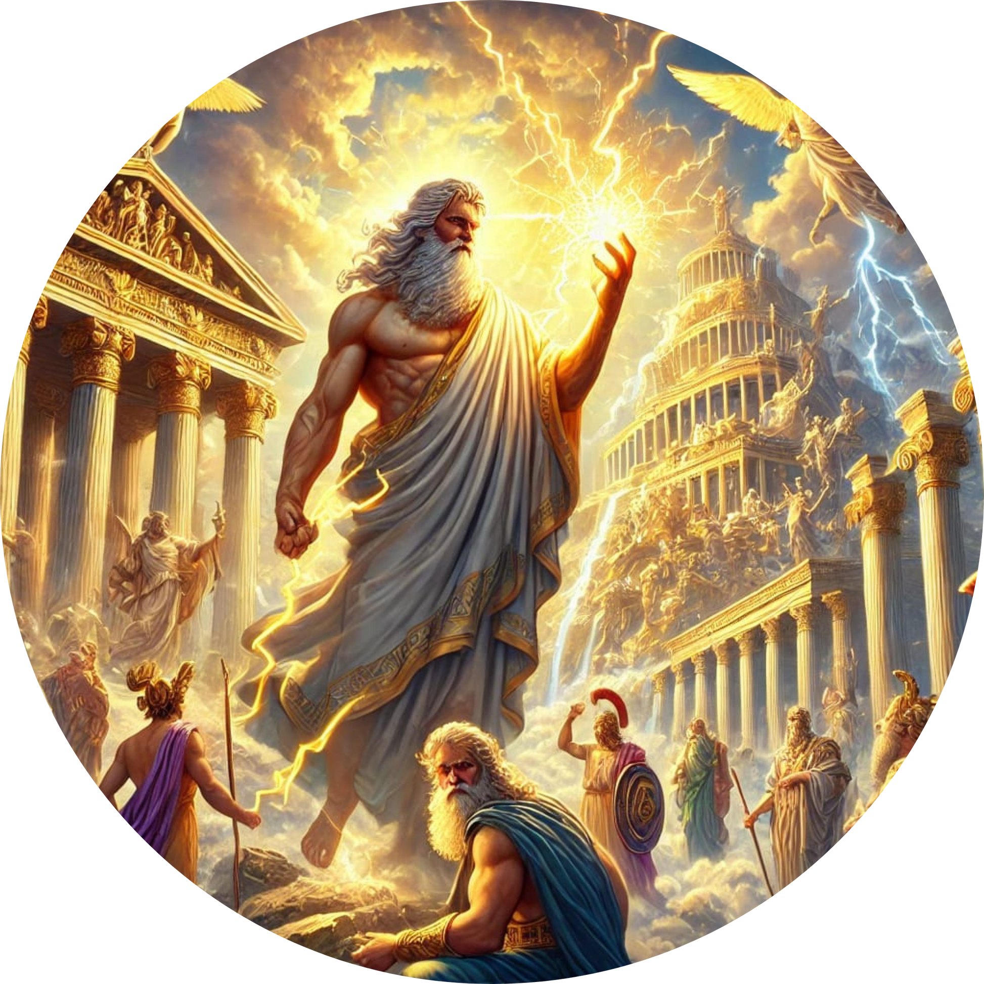 Zeus wirft einen Blitzstrahl vor einem Tempel mit Säulen