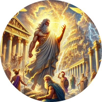 Zeus wirft einen Blitzstrahl vor einem Tempel mit Säulen