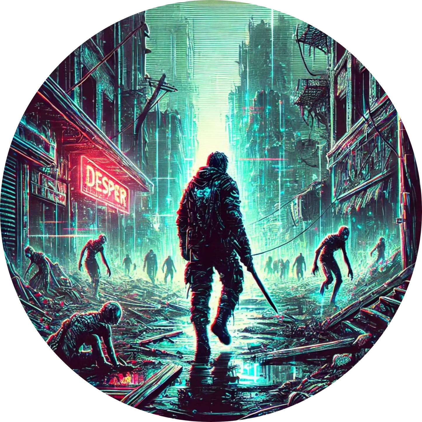 Dunkle Gasse mit Gestalt in Kapuze – Cyberpunk-Atmosphäre