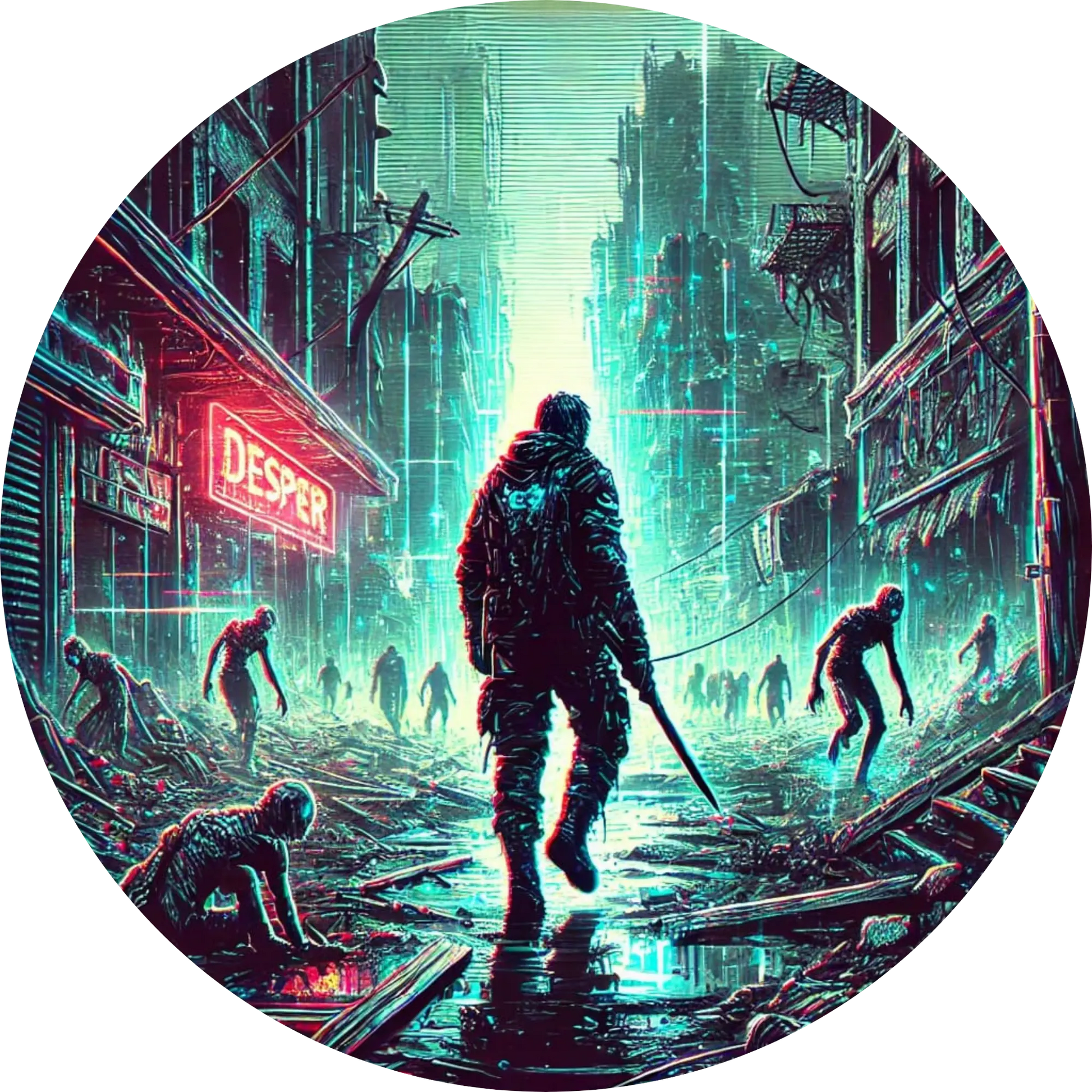 Dunkle Gasse mit Gestalt in Kapuze – Cyberpunk-Atmosphäre