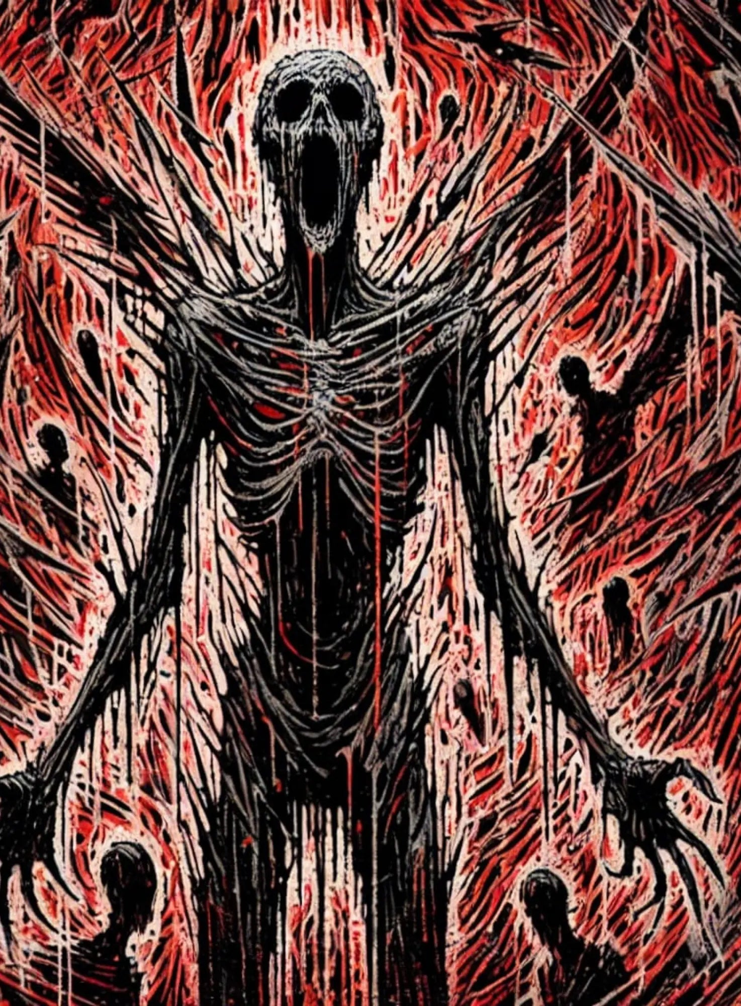 Bedrohlich feurige Silhouette eines Monsters mit glühenden Augen in flackernder, infernaler Umgebung.