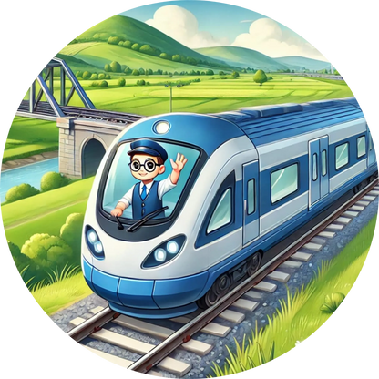 Moderner Hochgeschwindigkeitszug fährt durch grüne Landschaft.