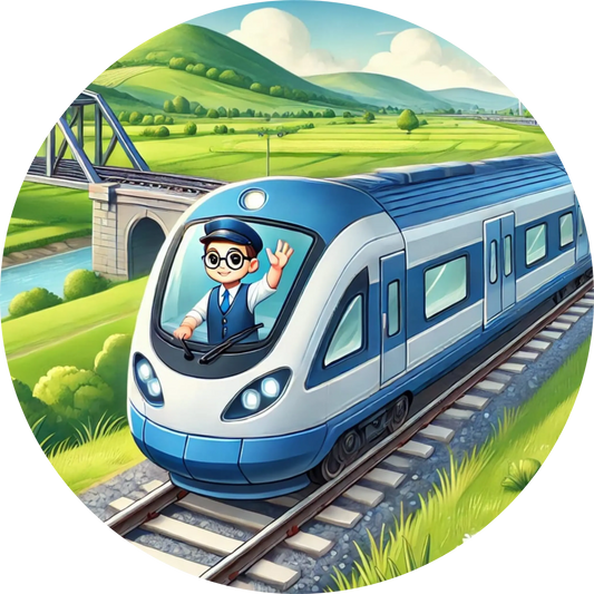 Moderner Hochgeschwindigkeitszug fährt durch grüne Landschaft.